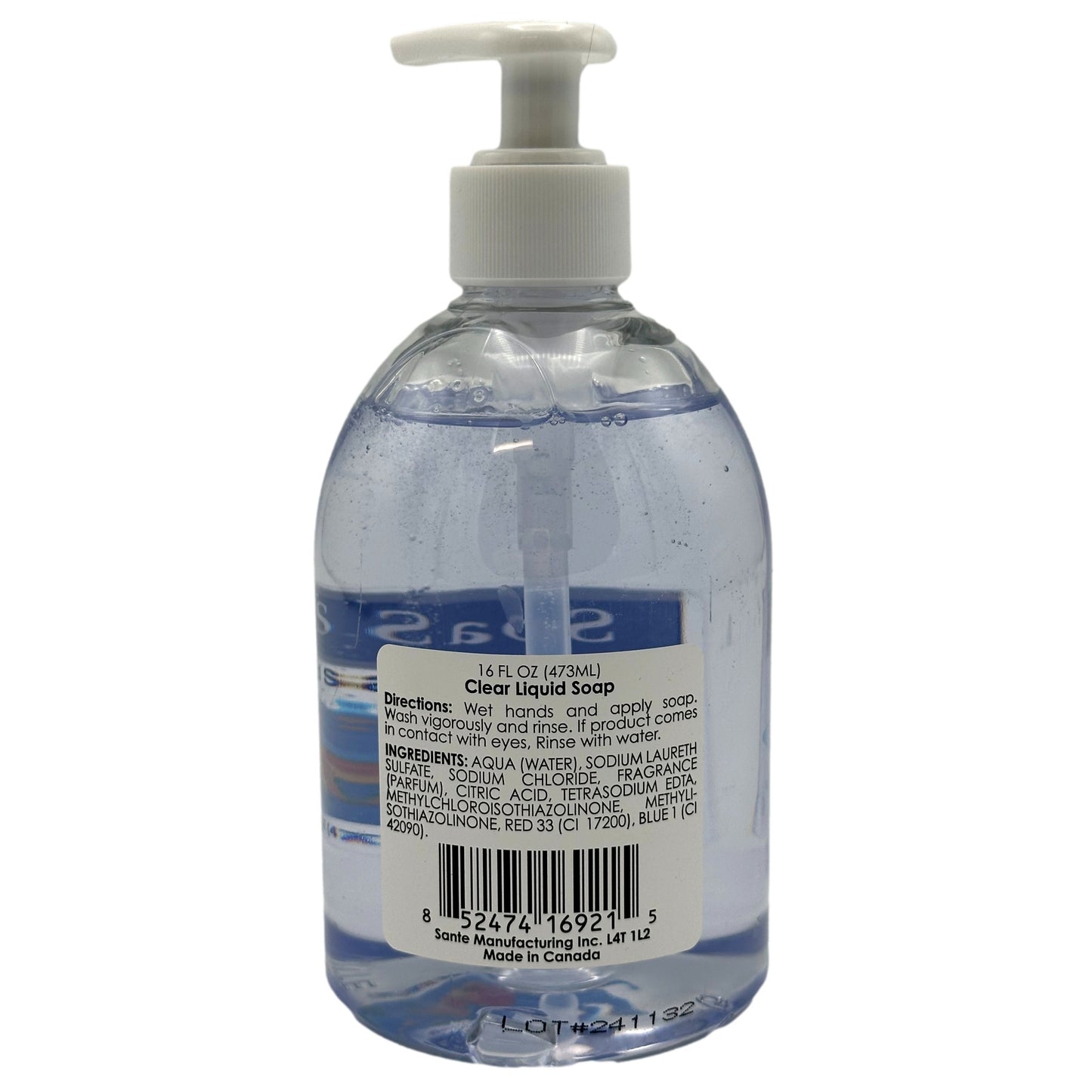 Bottle of clear liquid soap with pump.