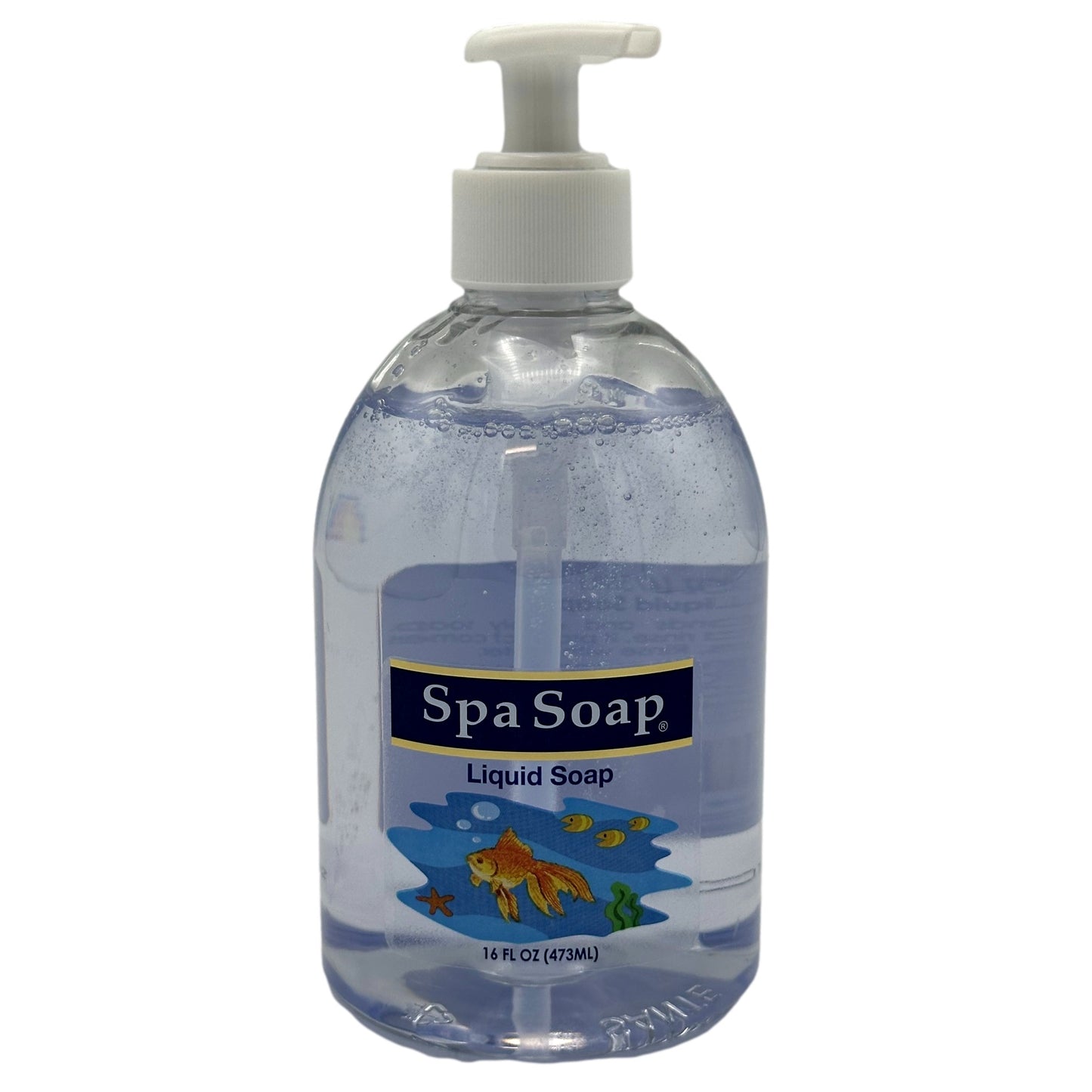 Clear bottle of Spa Soap liquid soap with a pump.