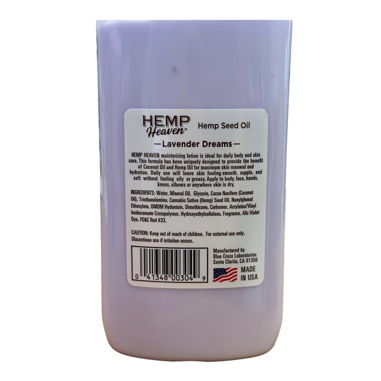 Lavender lotion in a white bottle with a label.