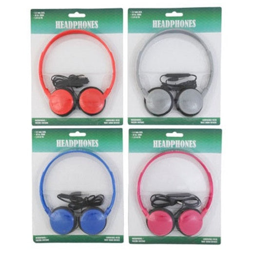 Four packages of headphones. Red, gray, blue, and pink.