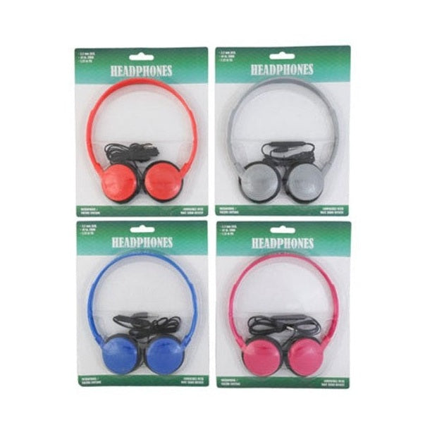 Four packages of headphones. Red, gray, blue, and pink.