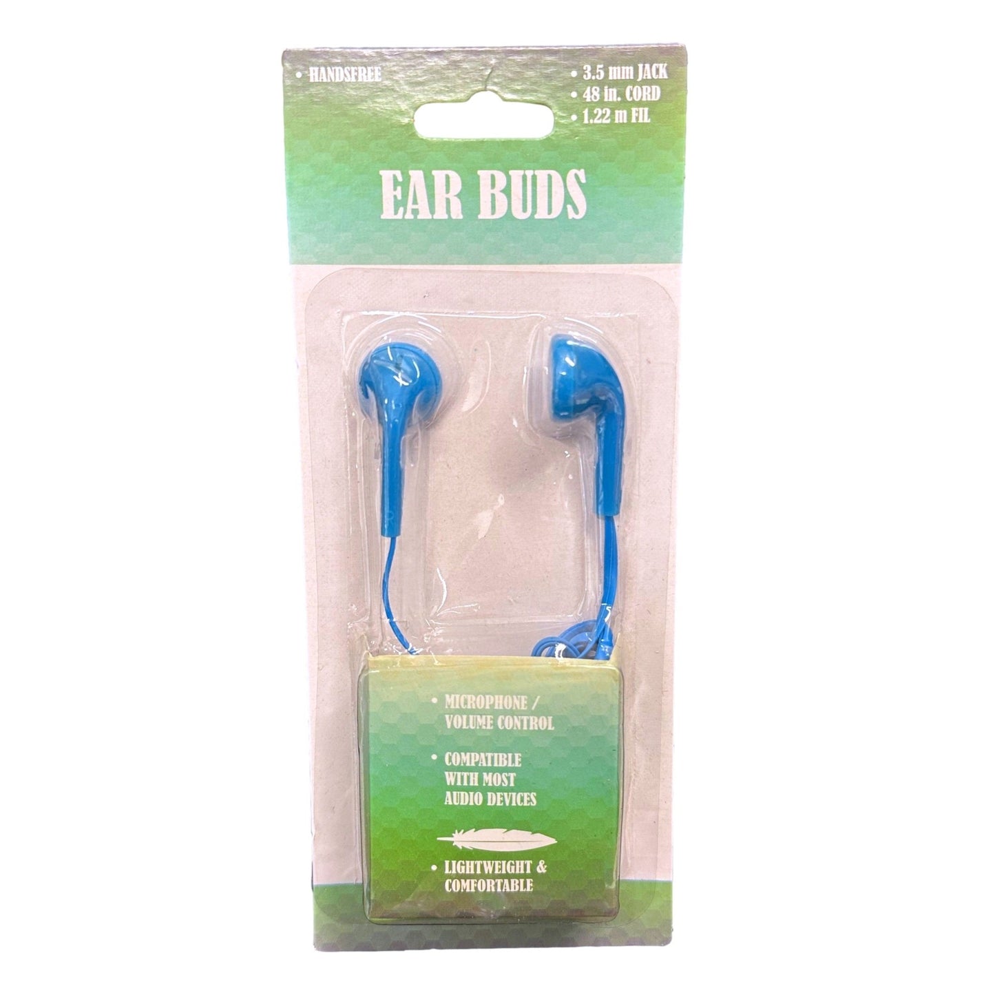 Packaged blue earbuds.