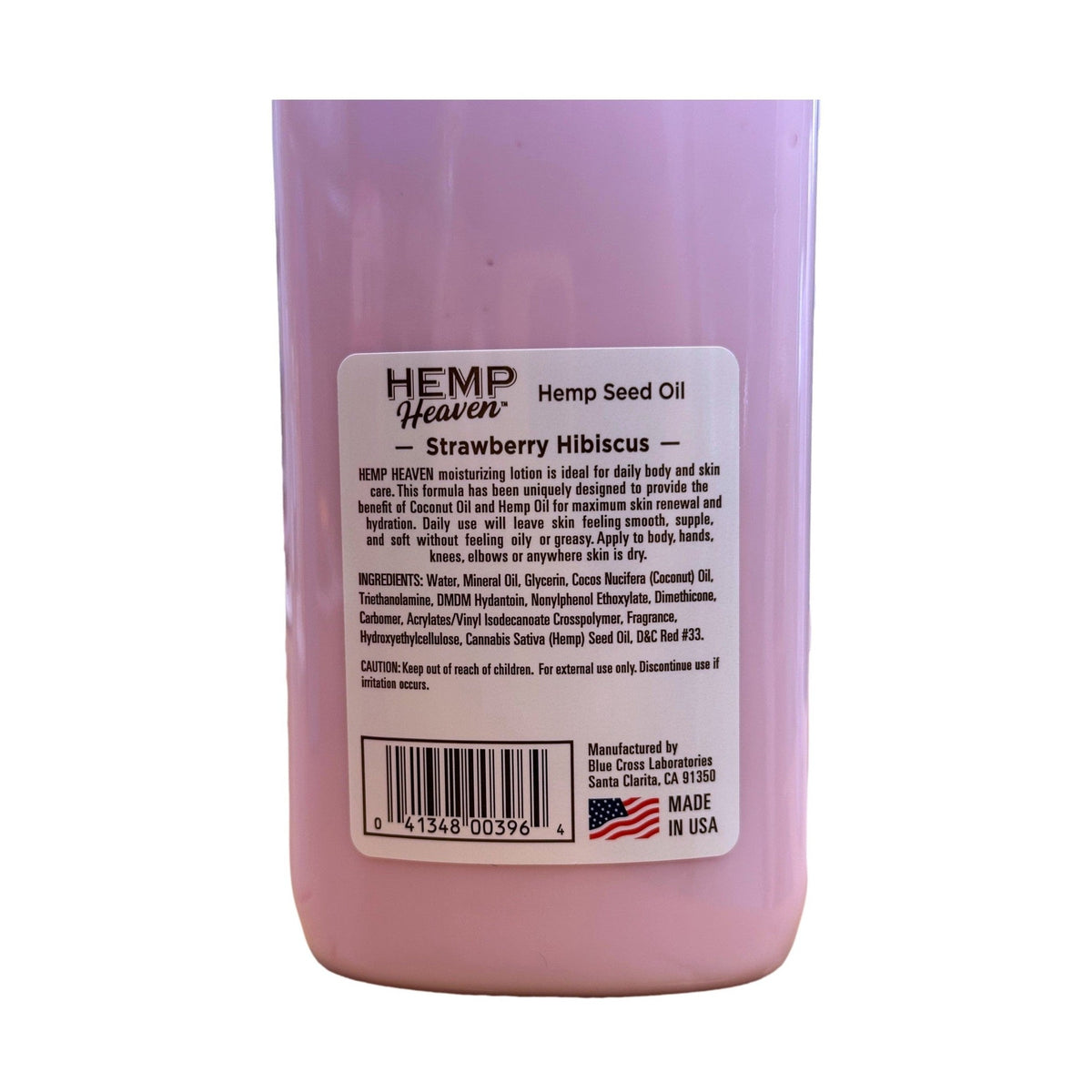 A bottle of pink Hemp Heaven lotion with a label containing product information and a barcode.