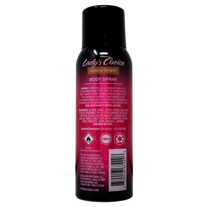 A can of Lady's Choice Coconut Delight body spray.