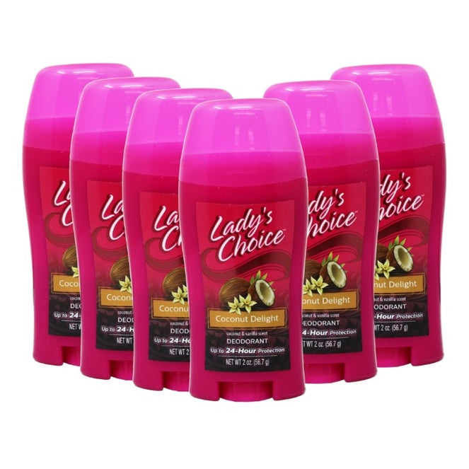 Six pink Lady's Choice Coconut Delight deodorant sticks.