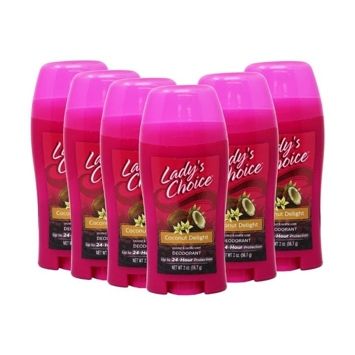 Six pink Lady's Choice Coconut Delight deodorant sticks.