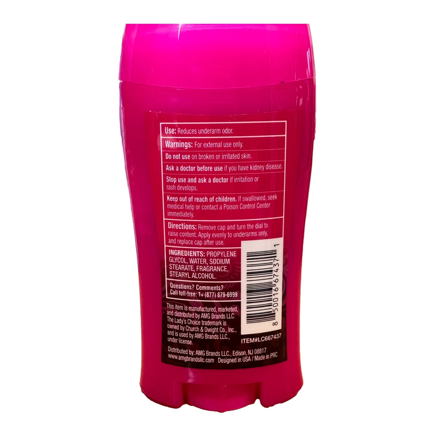 Pink deodorant stick with usage and ingredients label.