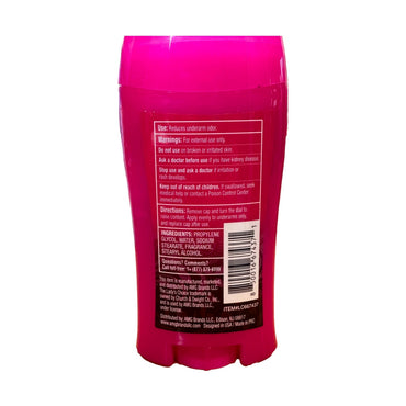 Pink deodorant stick with usage and ingredients label.