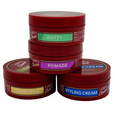 A stack of red jars of Larry's Choice hair products with different labels.