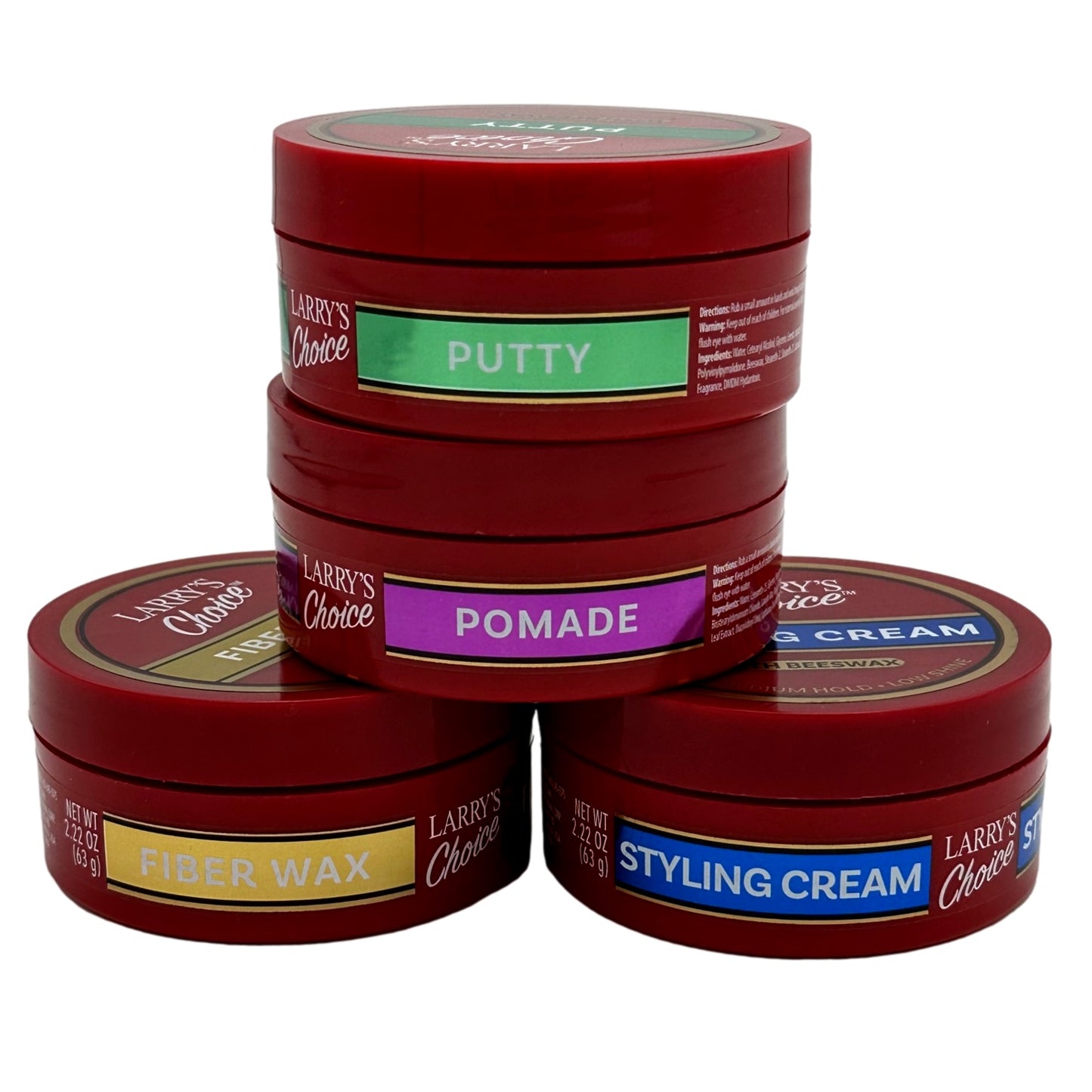 A stack of red jars of Larry's Choice hair products with different labels.