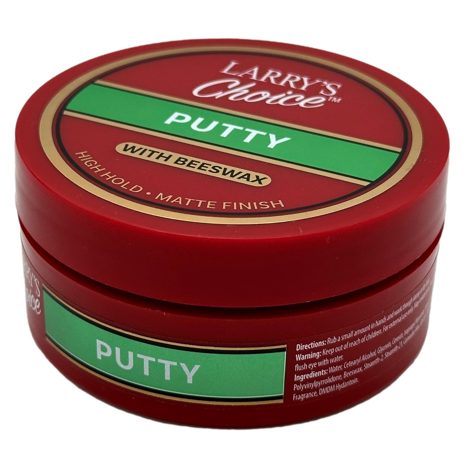 Red jar of "Larry's Choice" putty for hair.