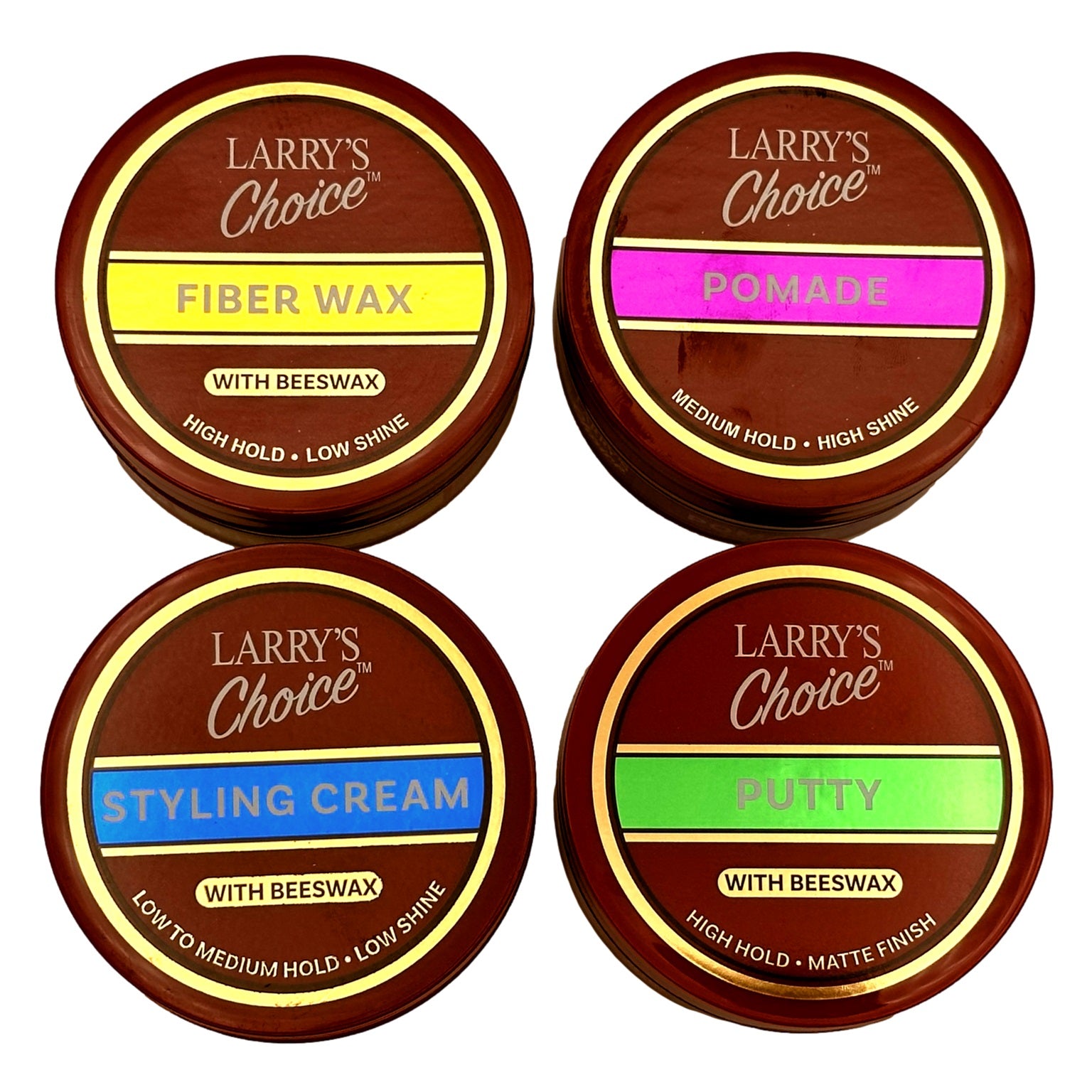Four tins of Larry's Choice hair styling products: Fiber Wax, Pomade, Styling Cream, and Putty. Each has a different color band to indicate the type of product.
