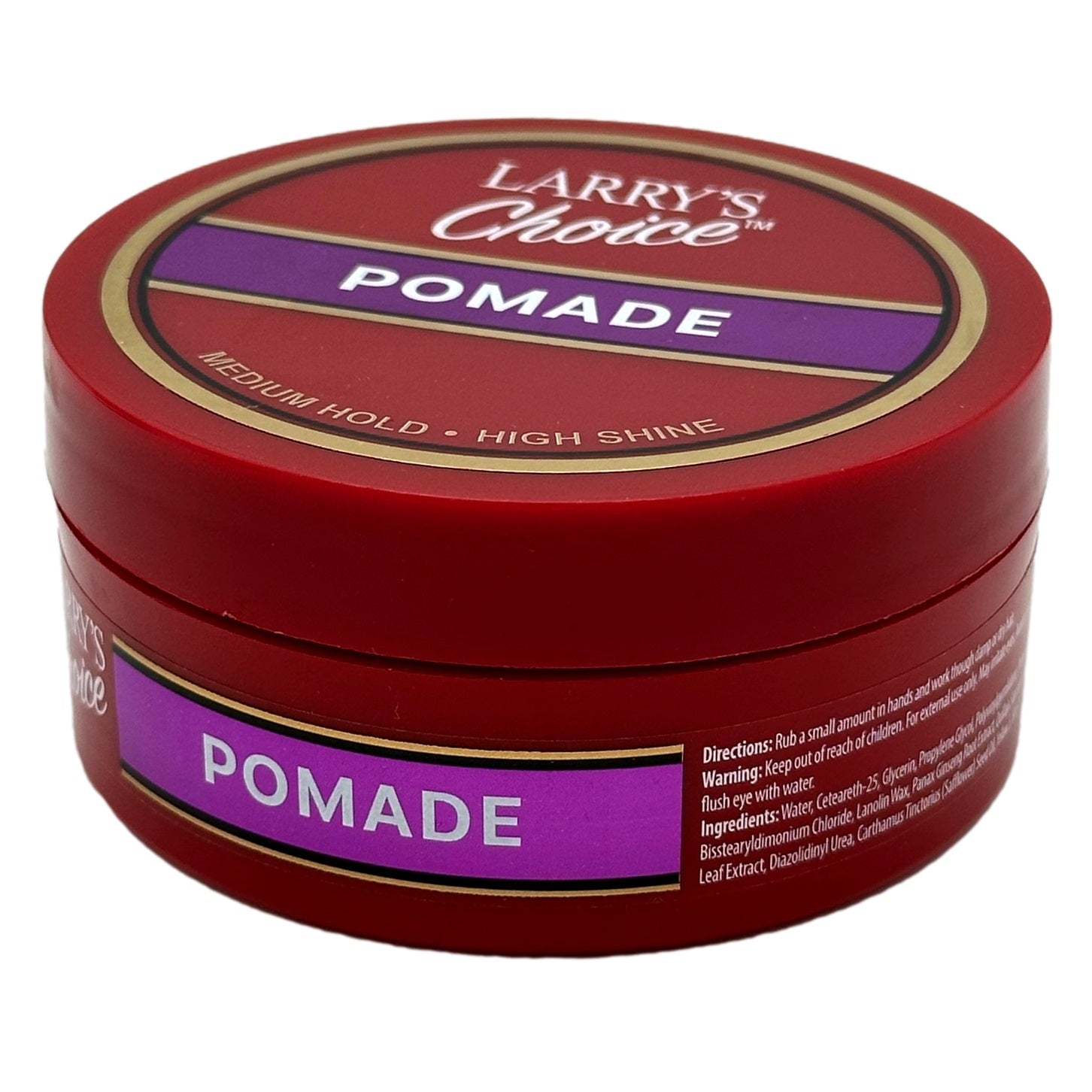 Red jar of Larry's Choice Pomade.
