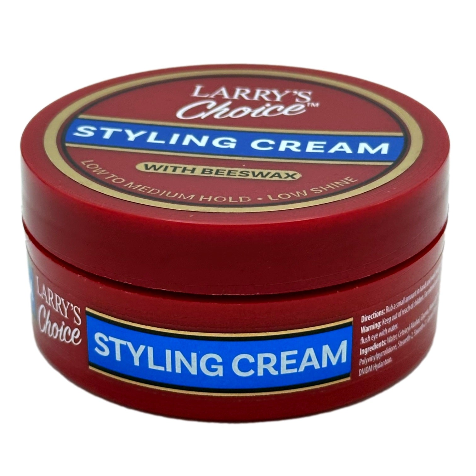 A container of Larry's Choice Styling Cream with beeswax, featuring red packaging, a blue and gold label, and product details including directions and ingredients.