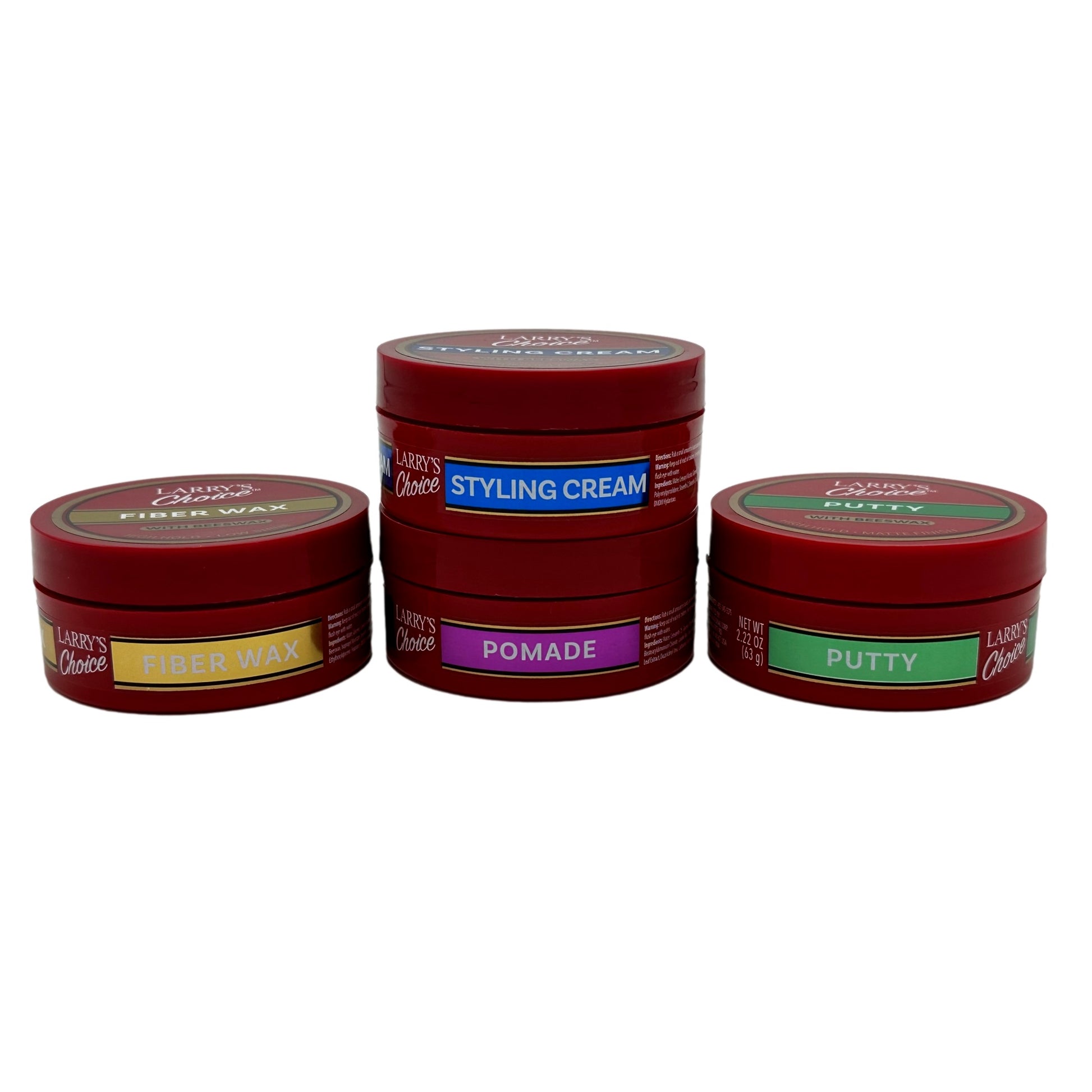 Collection of red and gold hair styling products.