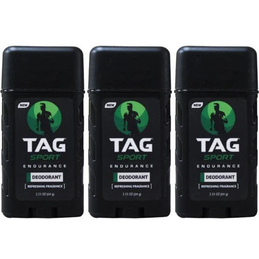 Three sticks of Tag Sport Endurance deodorant.