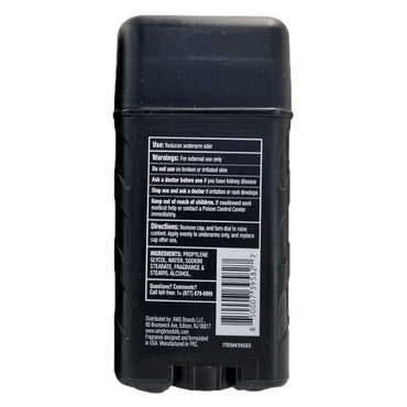 Black deodorant stick with product information.