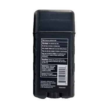 Black deodorant stick with product information.