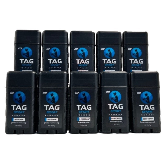 Ten black Tag Sport Fearless deodorant sticks in two rows.