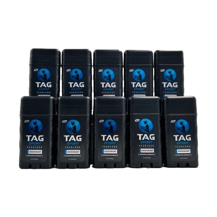 Ten black Tag Sport Fearless deodorant sticks in two rows.