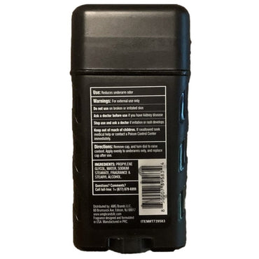 Black deodorant stick with product information.