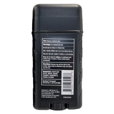 Black deodorant stick with product information label.