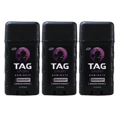 Three black sticks of Tag Sport Dominate Deodorant.