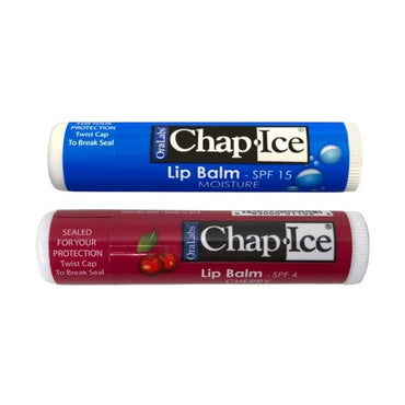 Two tubes of ChapIce lip balm, one blue and one red.