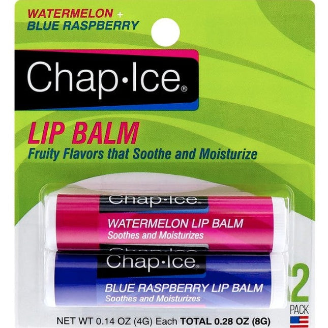 Two-pack of Chap-Ice lip balm in watermelon and blue raspberry flavors.