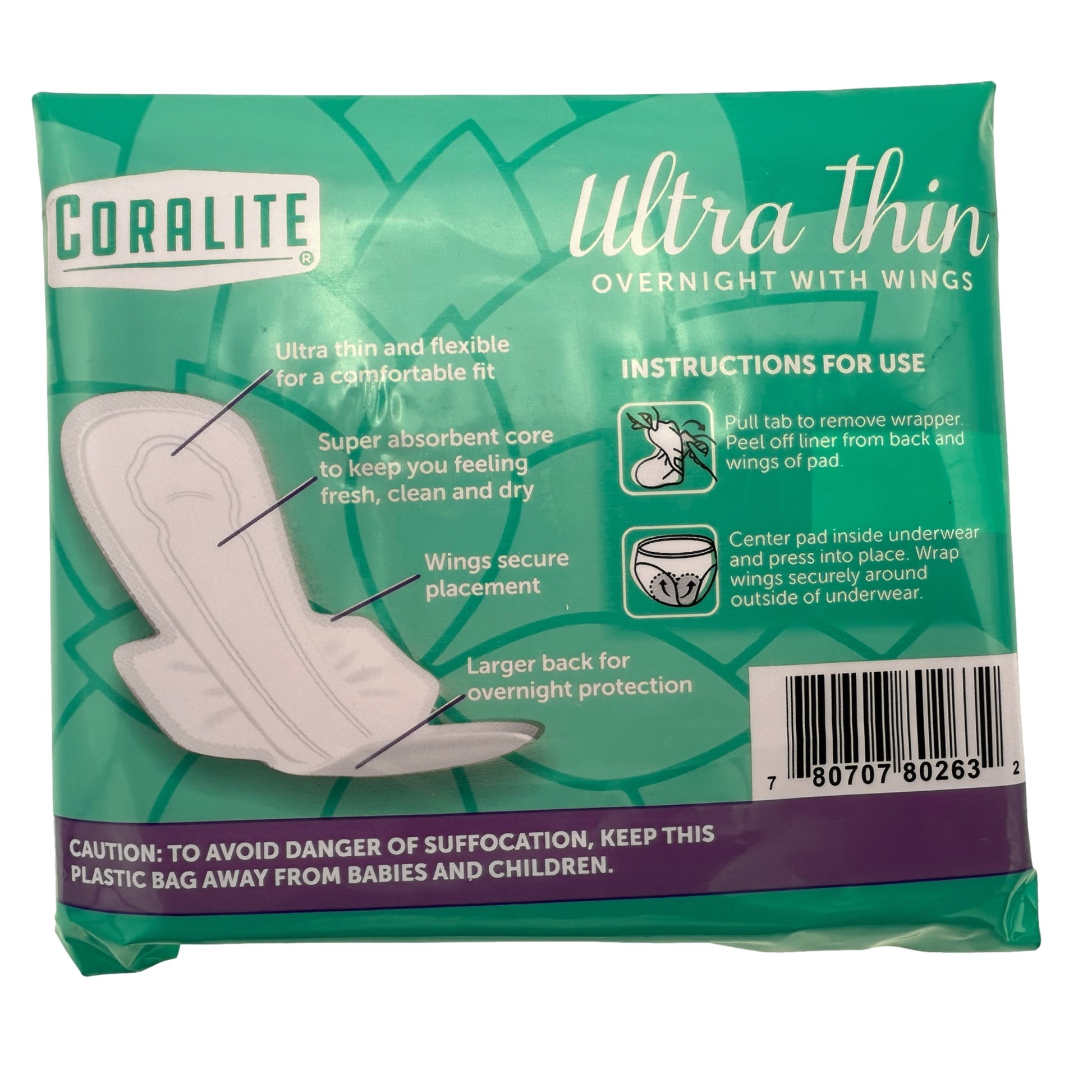 A package of Coralite Ultra Thin Overnight Wings sanitary napkins in a green plastic bag.