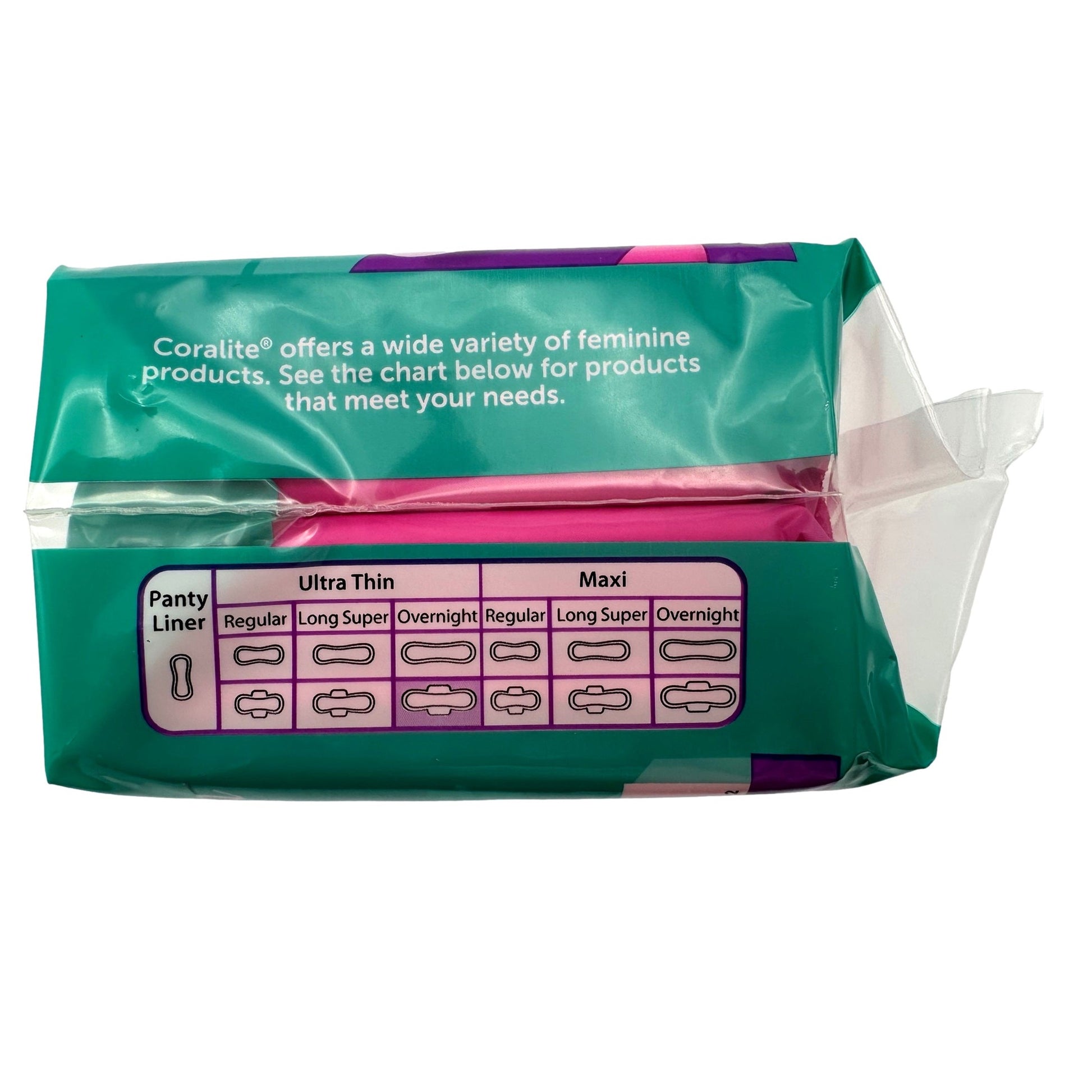 Green package of Coralite feminine products with a chart showing pad sizes.