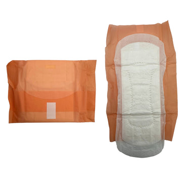 Two sanitary napkins, one in packaging, one unwrapped.
