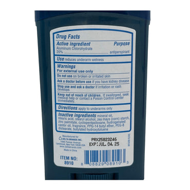 Blue antiperspirant stick label with drug facts and expiration date.