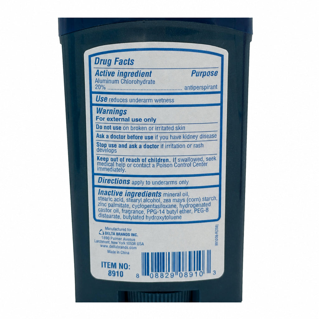 Blue antiperspirant stick label with drug facts and expiration date.