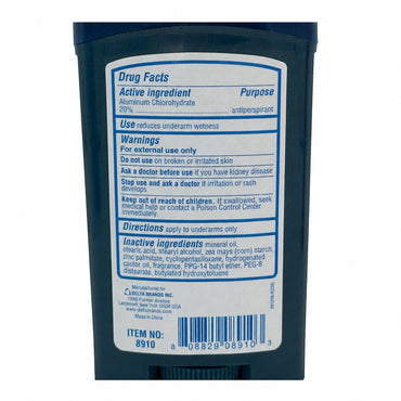 Blue antiperspirant stick label with drug facts and expiration date.