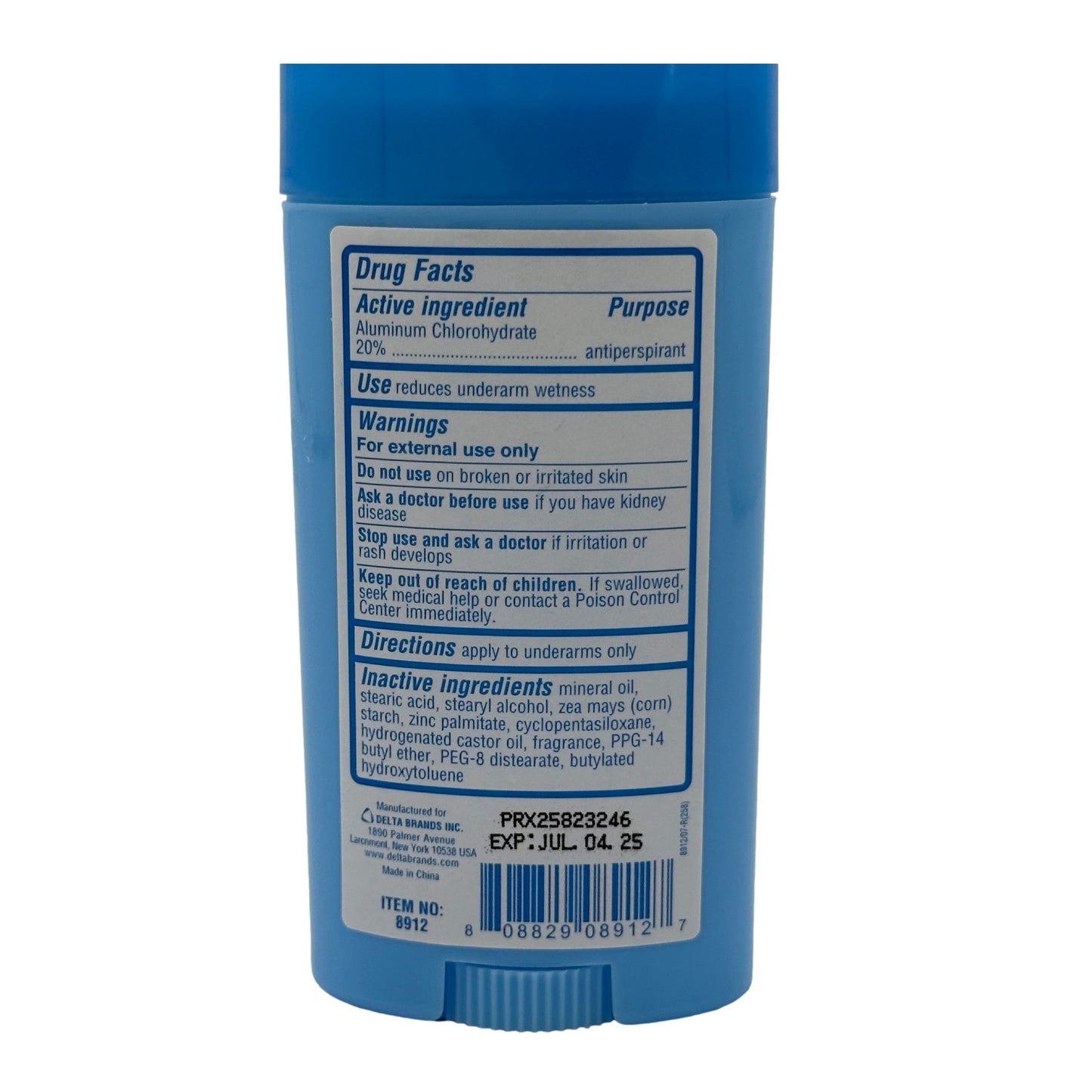 Blue deodorant stick with drug facts label.