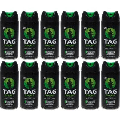 Twelve black cans of Tag Sport deodorant with green nozzles.