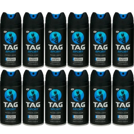 A group of black and blue TAG Sport Body Spray cans arranged in two rows.