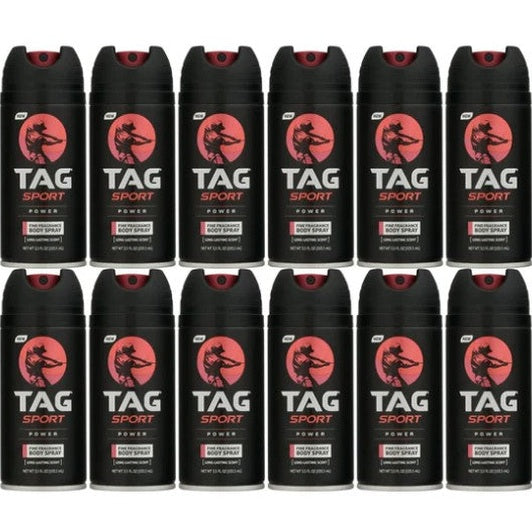 Twelve cans of black Tag Sport Power body spray.