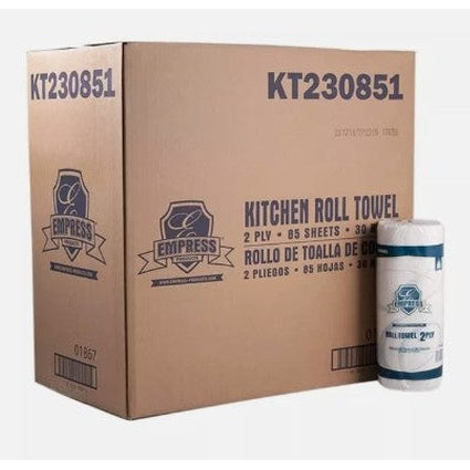 Cardboard box with "Empress" kitchen roll towels, featuring text in both English and Spanish. One roll of towels is outside the box.