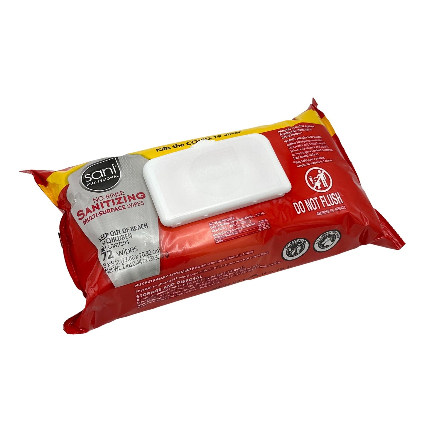 A package of red and yellow Sani Professional Sanitizing Wipes.
