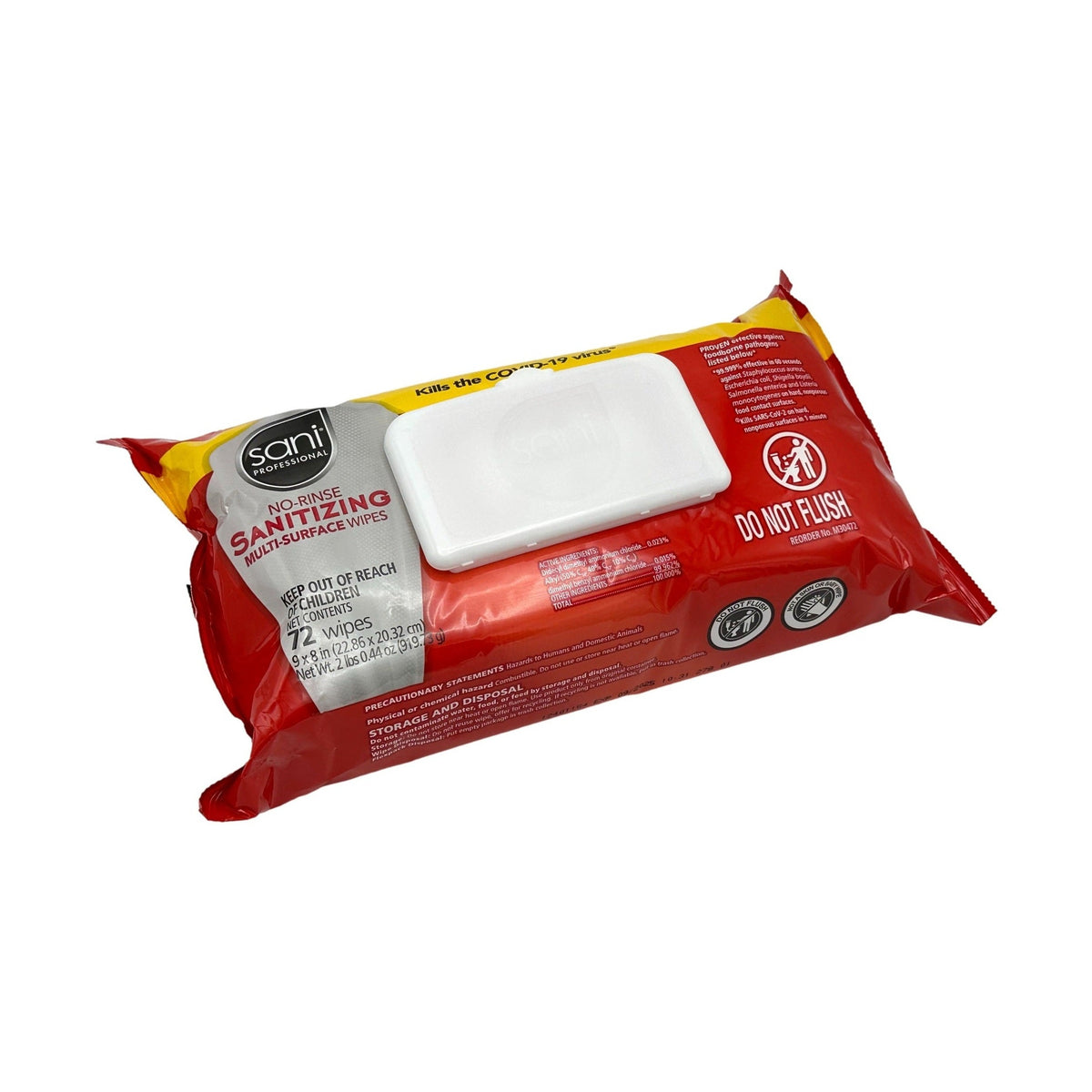 A package of red and yellow Sani Professional Sanitizing Wipes.