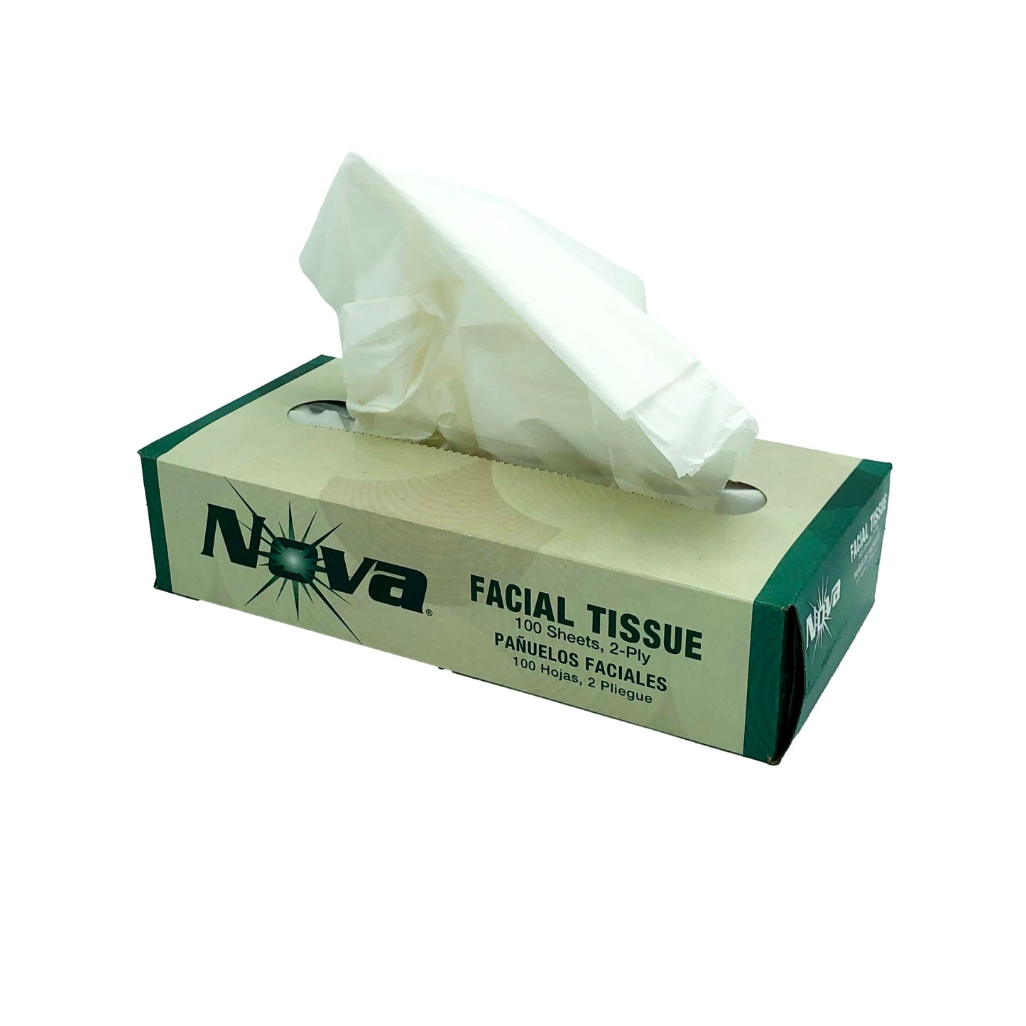 A box of Nova facial tissues with tissues sticking out.