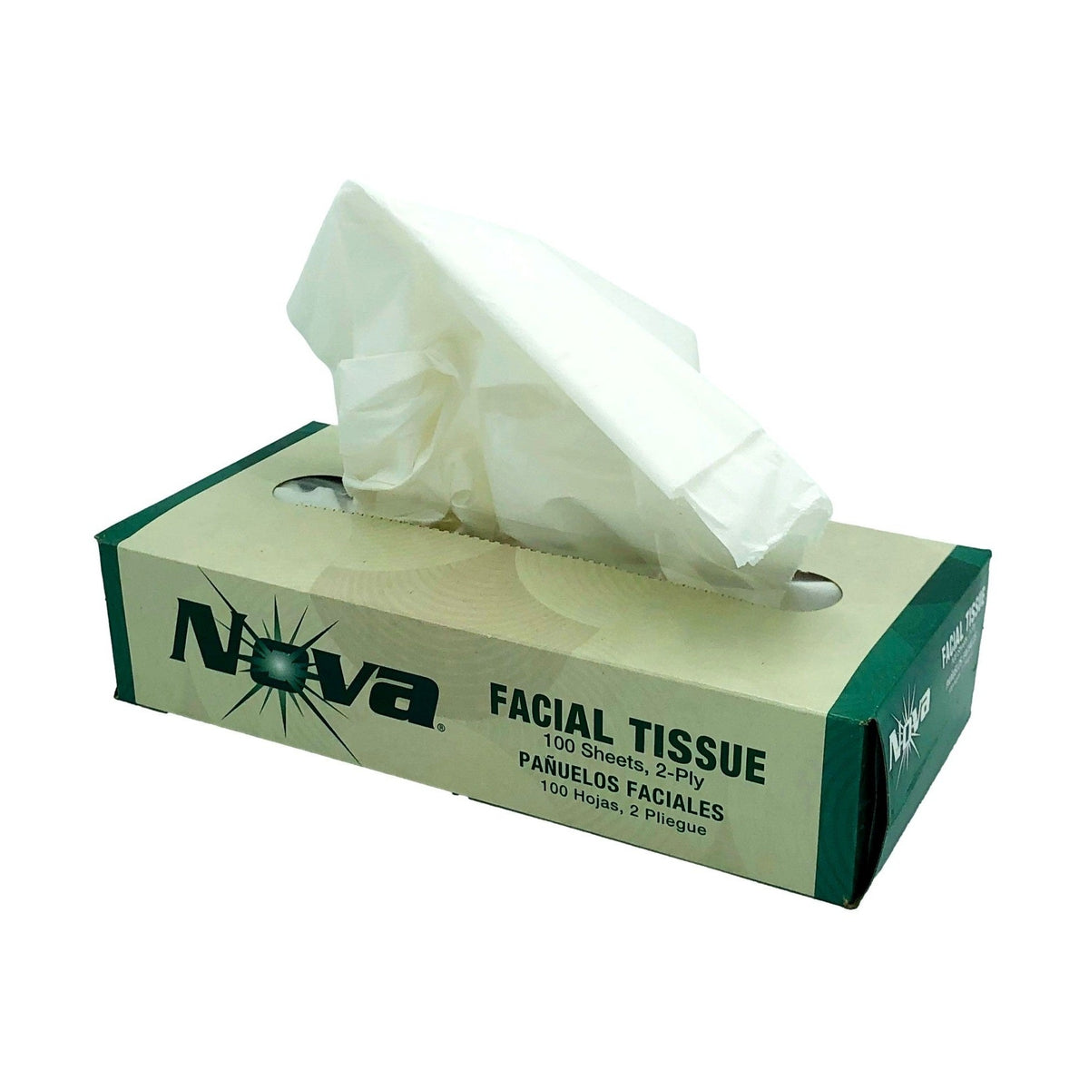 A box of Nova facial tissues with tissues sticking out.