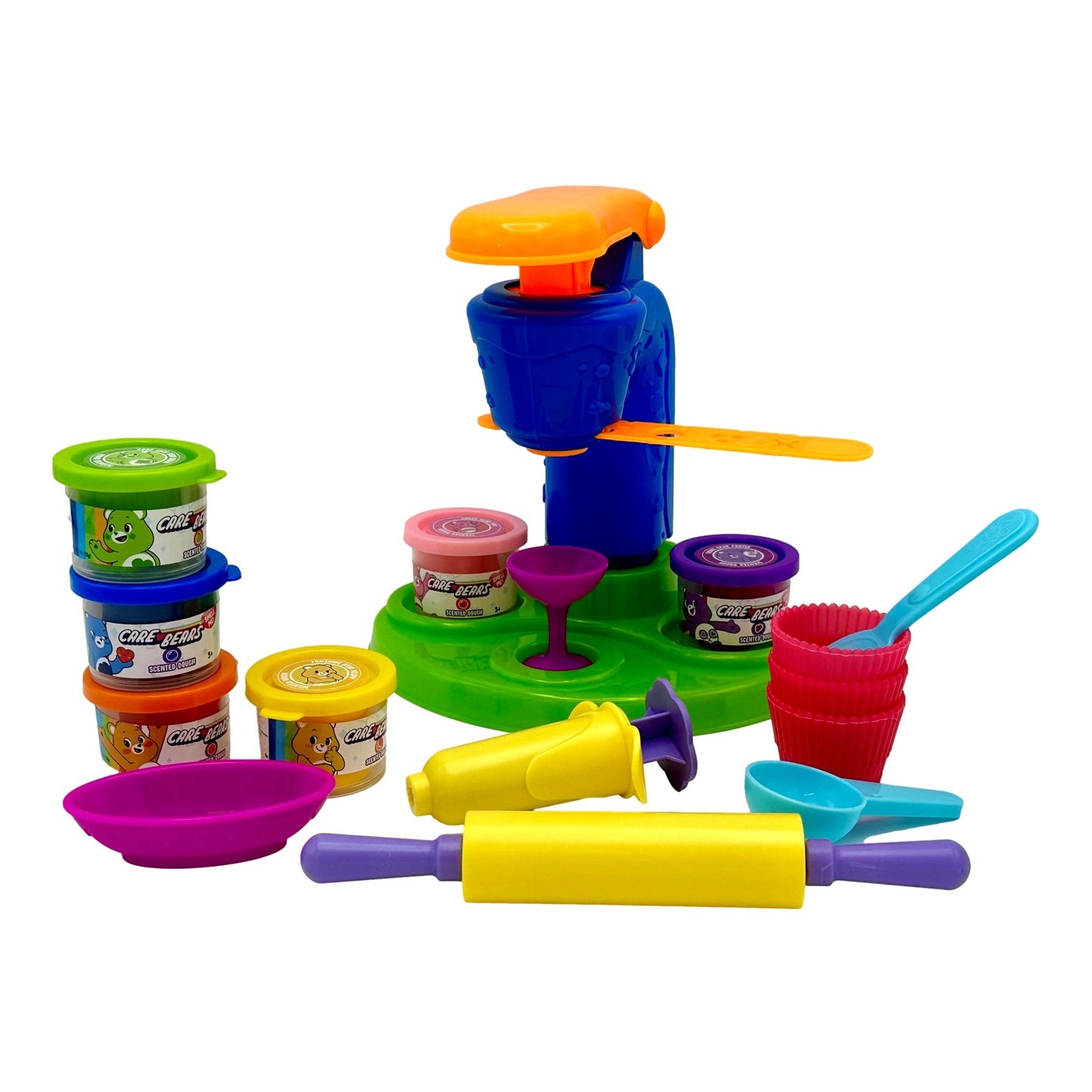 Colorful Care Bears playdough set with molds, tools, and containers.