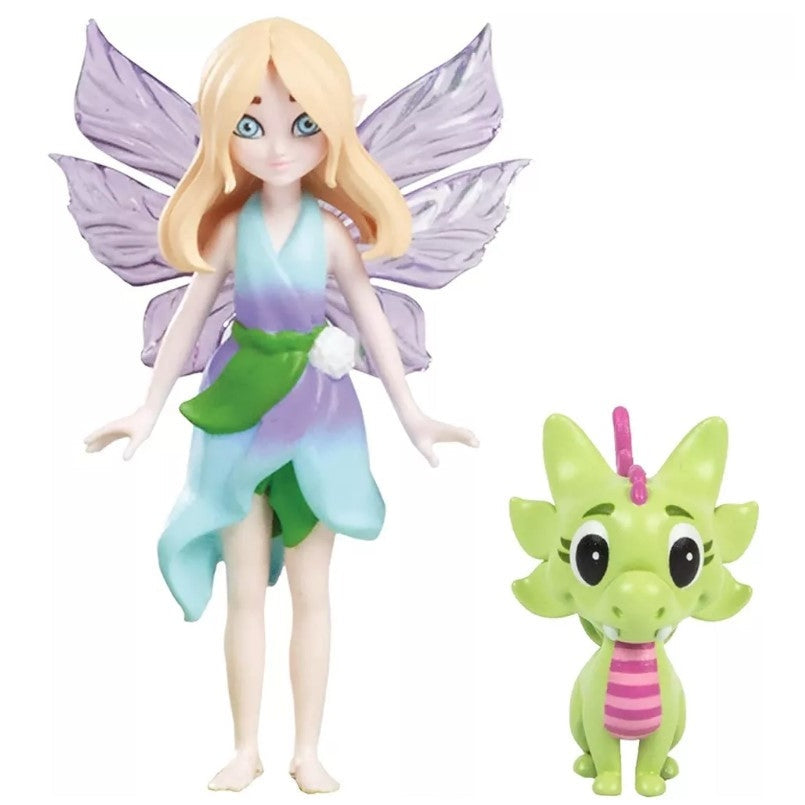Plastic fairy doll with lavender wings and a flower dress next to a green plastic dragon.