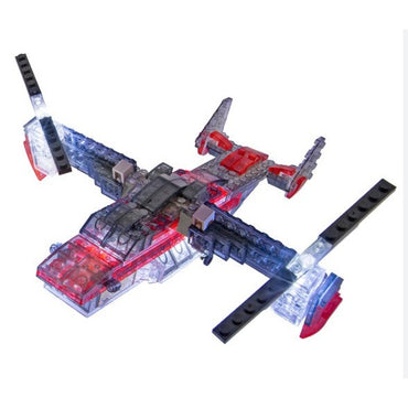 Lego plane model, red, black, clear plastic bricks.