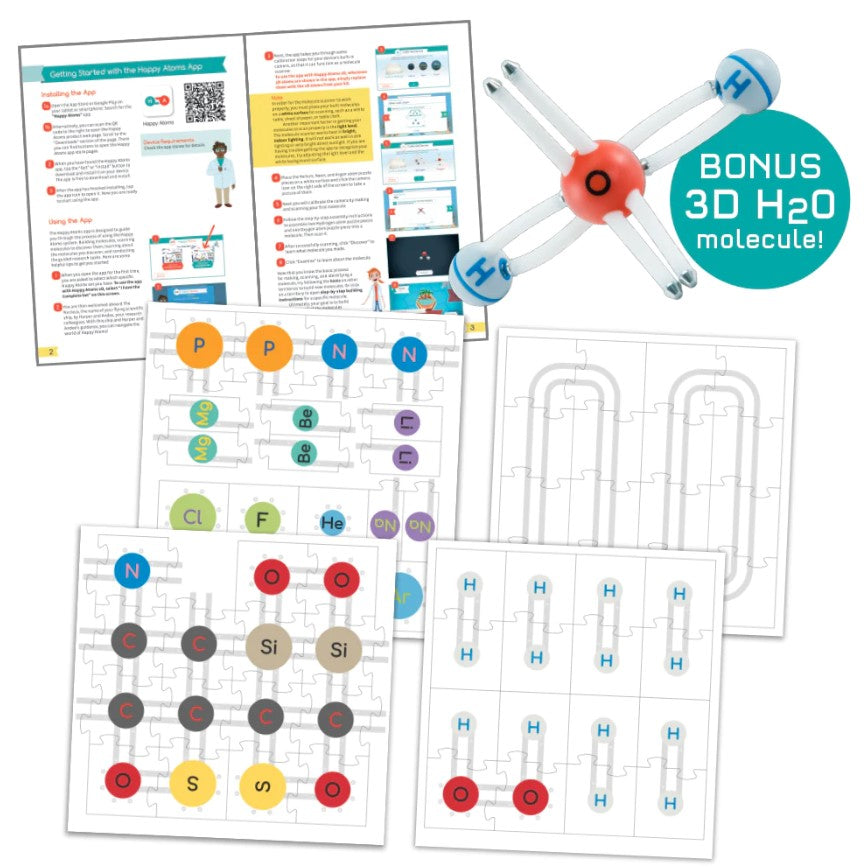 Puzzles with element symbols, H2O model, and app instructions.