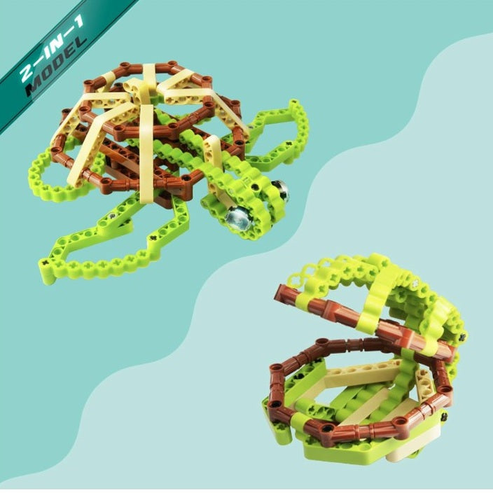 A toy construction set featuring a turtle and a container, made of brown, green, and tan plastic bricks.