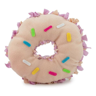 Donut-shaped plush dog toy with colorful sprinkles.